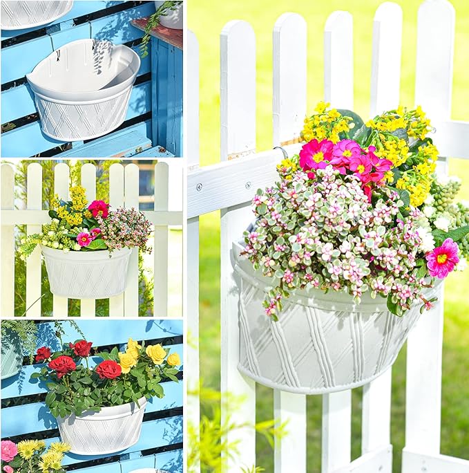 Sungmor Wall Hanging Planters,11.5 Inch Hanging Flower Pots for Railing Fence - Indoor Outdoor Balcony Wall Hanging Basket, Plastic Plant Pot Container - Half Round & 3PC Pack & Grey White