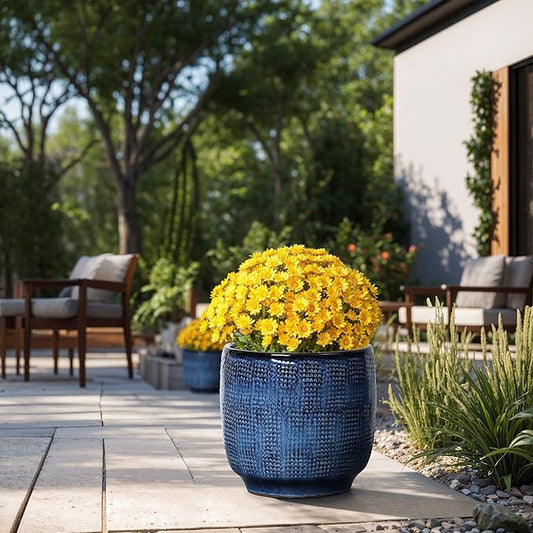 LuxenHome Ocean Blue 12-Inch Dia Round Ceramic Planter Pot with Drainage Hole and Rubber Plug, Modern Gradient Glaze Plant Pot, Decorative Flower Garden Pot for Indoor Outdoor Plants