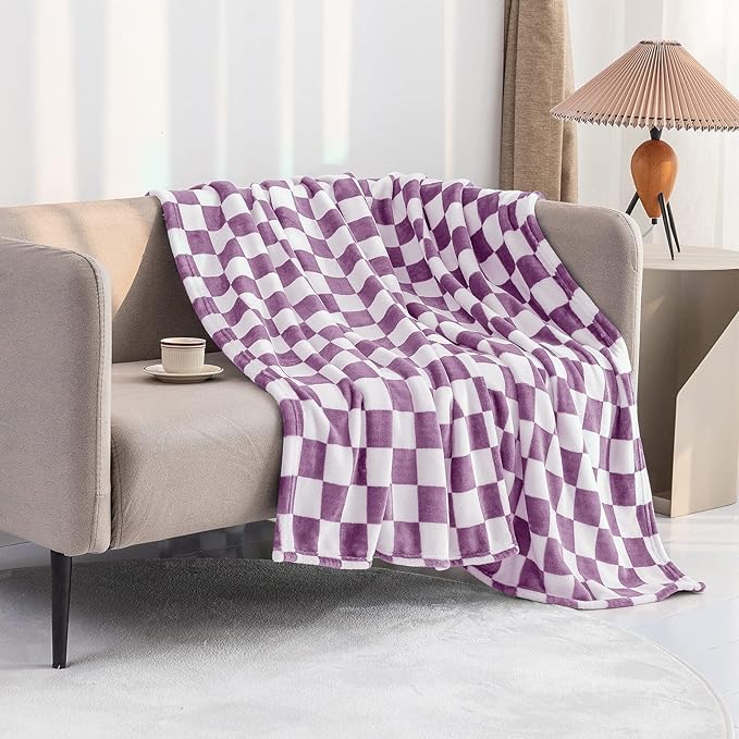 LOMAO Throw Blankets Flannel Blanket with Checkerboard Grid Pattern Soft Throw Blanket for Couch, Bed, Sofa Luxurious Warm and Cozy for All Seasons (Purple, 50"x60")