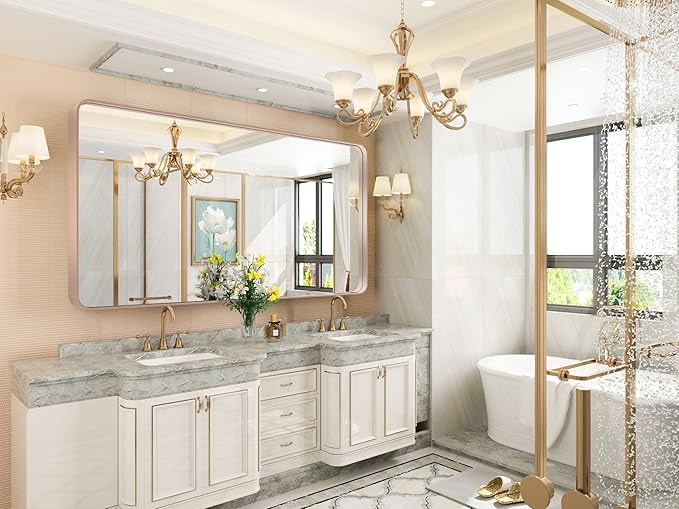 60 x 30 Inch Wall Mirror for Bathroom, Purple Gold Large Bathroom Vanity Mirror with Ribbed Texture Metal Frame Soft Rounded Corner for Hotel/Bedroom/Entryway (Horizontal/Vertical)