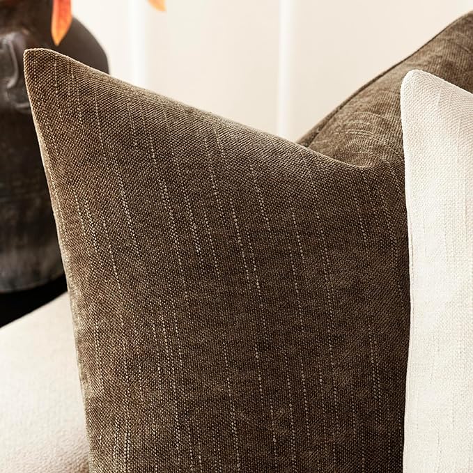 Foindtower Pack of 2 Soft Textured Chenille Throw Decorative Pillow Covers Square Accent Solid Cushion Cover Neutral Farmhouse Pillow Case for Couch Sofa Bedroom Living Room 24x24 Inch,Taupe Brown