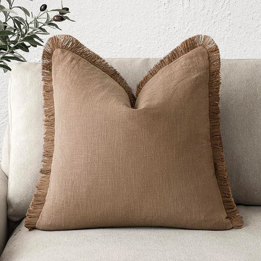 Foindtower Decorative Linen Fringe Throw Pillow Covers Cozy Boho Farmhouse Cushion Cover with Tassels Soft Accent Pillowcase for Chair Sofa Bed Living Room Home Decor, 16×16 Inch, 1PC, Khaki Brown