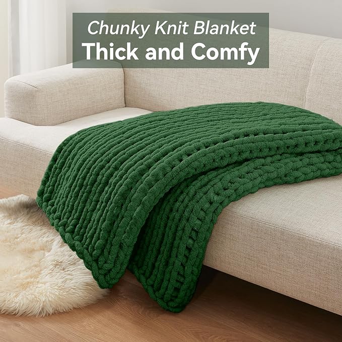 Chunky Knit Throw Blanket, 40''*50'' Knitted Throw Chenille Yarn for Bed Couch, Handmade Grass Green Crochet Big Thick Blanket, Machine Washable Cute Comfy Blanket for Home Decor