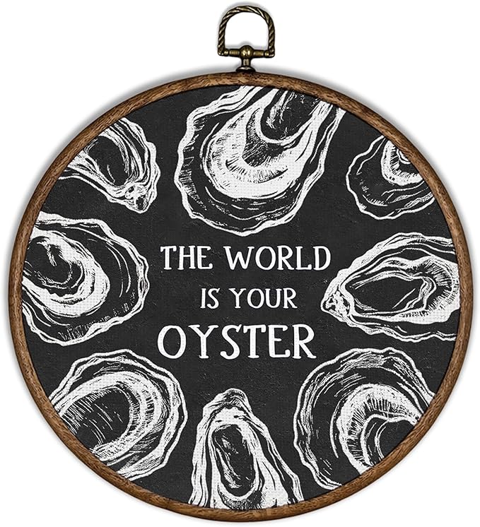 XBBMGG Black Vintage Oyster Wall Art Decor, Beach Nautical Round Wall Hanging Decor, Retro Ocean The World Is Your Oyster Framed Canvas Prints for Home Bedroom Living Room Decorations, 10x10inch