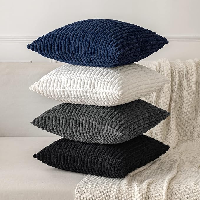 MIULEE Pack of 2 Corduroy Decorative Throw Pillow Covers 20x20 Inch Soft Boho Striped Pillow Covers Modern Farmhouse Home Decor for Summer Coastal Sofa Living Room Couch Bed Dark Blue