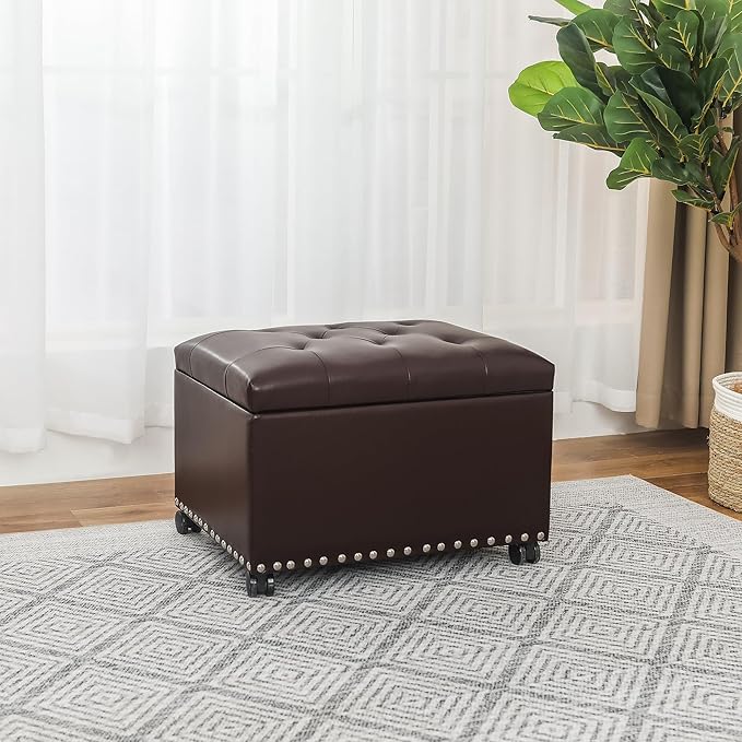 Leather Storage Ottoman Bench with Steerable Rolling Wheels, Rectangle 24 Inch Foot Rest Ottomans Stool for Living Room Bedroom (Vintage Brown)