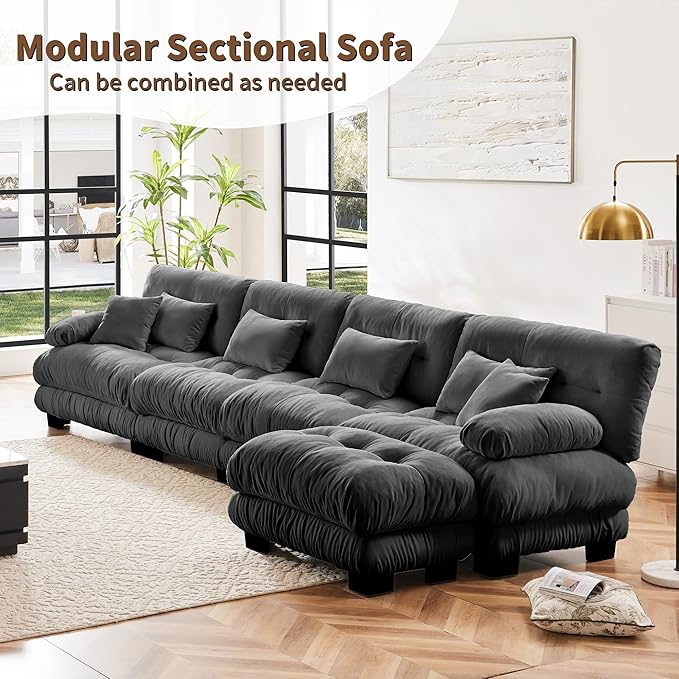 Modern L-Shaped Couch, 4-Seater Cloud Couch, Oversized Loveseat Sectional Sofa, Chenille Fabric, Grey