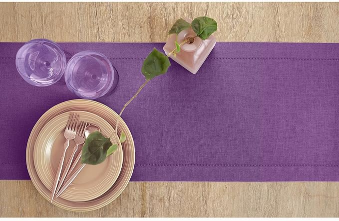 Solino Home Linen Table Runner 90 Inches Long - Classic Hemstitch 100% Pure Linen Purple Dining Table Runner 14 x 90 Inch for Fall, Autumn, Halloween, Thanksgiving
