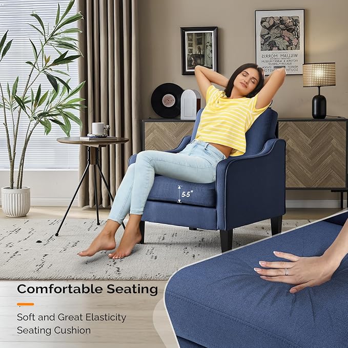 VINGLI Mid Century Modern Accent Chair, Navy Blue Fabric Accent Chairs for Living Room, Upholstered Armchair with Scooped Arms for Bedroom, Apartment, Studio, Office, Waiting Room