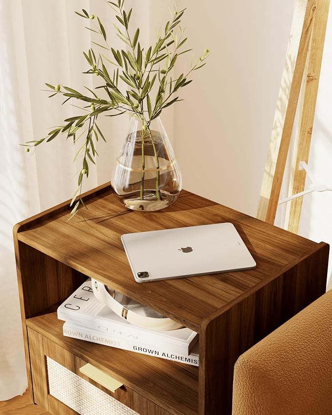 Rattan Nightstand,Modern Bedside Table with Storage Drawer and Open Wood Shelf, for Living Room, Bedroom and Small Spaces, Accent Night Stand with Solid Wood Legs, Easy Assembly,Walnut Brown