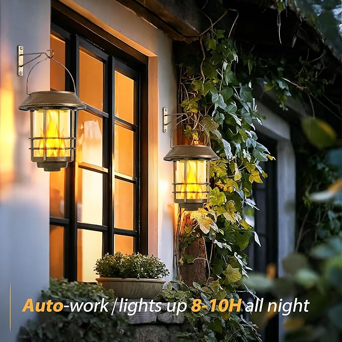 Otdair Solar Wall Lantern Outdoor, Flickering Flames Solar Sconce Lights Outdoor, Hanging Lamps Wall Mount for Front Porch, Patio and Yard, 2 Pack, Yellow Bronze