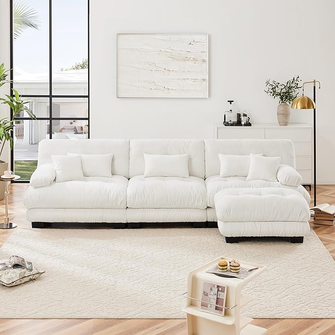Modern L-Shaped Couch, 3-Seater Cloud Couch with Round Bolster Armrests, Oversized Loveseat Sectional Sofa, Chenille Fabric, White