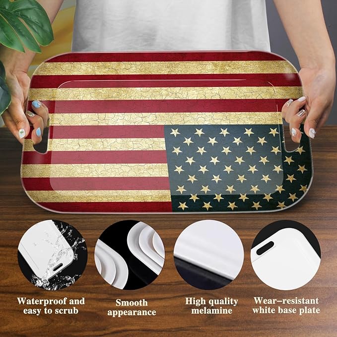 Serving Trays with Handles, 14.5 x 9.8 inch Rectangular Plastic Tray for Restaurant, Kitchen, Vintage United States of America Flag