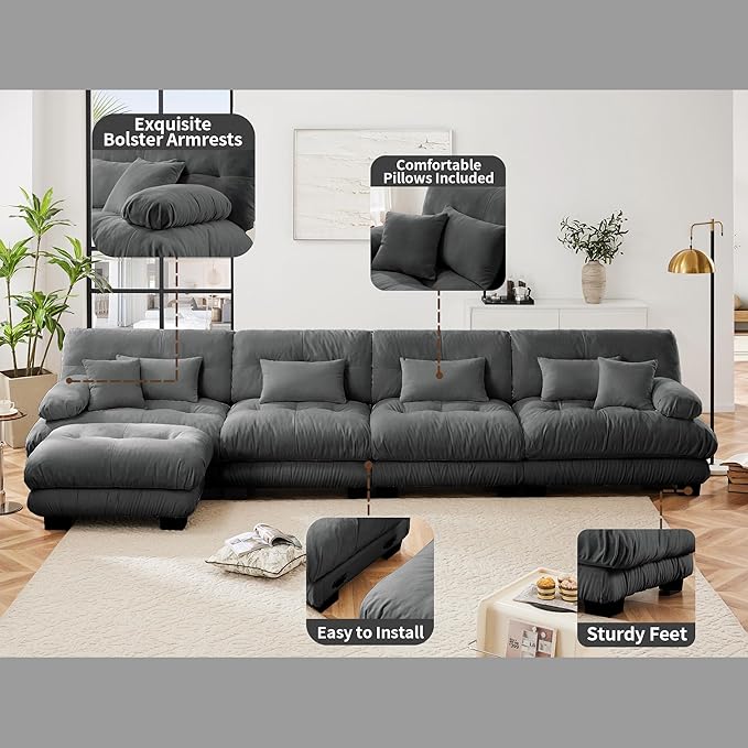Modern L-Shaped Couch, 4-Seater Cloud Couch, Oversized Loveseat Sectional Sofa, Chenille Fabric, Grey