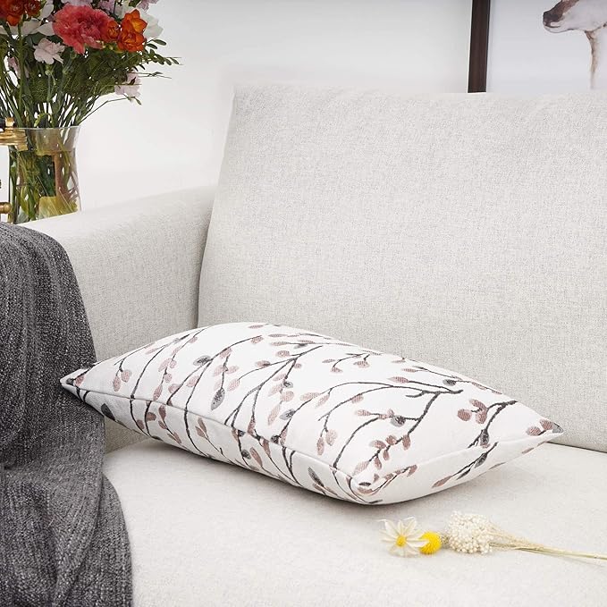 YOUR SMILE Classical Embroidery Jacquard Farmhouse Oblong Rectangle Chenille Red Leaf Decorative Throw Pillow Case,12x20 inch