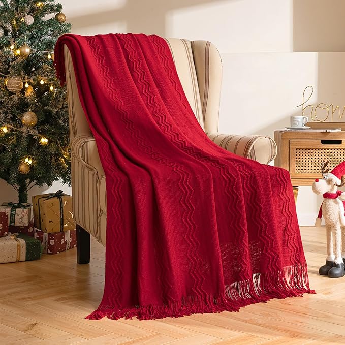 MIULEE Burgundy Red Knitted Throw Blanket for Couch Boho Textured Cozy Woven Blanket with Tassels for Sofa Chair Bed Living Room Acrylic Wave Pattern 50"x60"