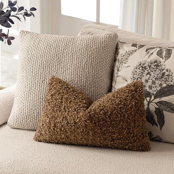 Foindtower Set of 2 Curly Teddy Wool Pillow Covers Decorative Boucle Textured Lumbar Throw Pillow Faux Fur Sherpa Pillowcases Sheepskin Fuzzy Cushion Case for Sofa Bedroom Car 12"x20" Dark Bronze