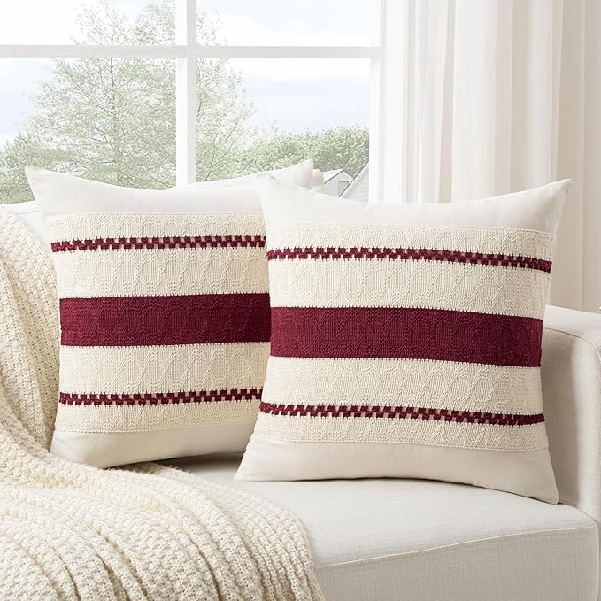 Fancy Homi Set of 2 Burgundy Boho Decorative Throw Pillow Covers 20x20 Inch for Couch Bed Sofa, Aesthetic Modern Farmhouse Christmas Room Decor, Soft Cotton Cute Textured Wind Red Cushion Case