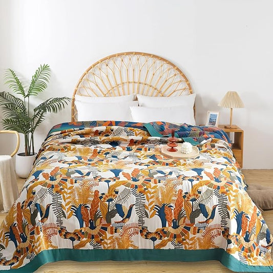 Boho Throw Blanket for Bed - 100% Pure Cotton Ultra Soft Rustic Quilt - Farmhouse Decor Bed Blankets, All Season Rustic Throw for Sofa Couch Chair(91''x 98'', Floral Bird)