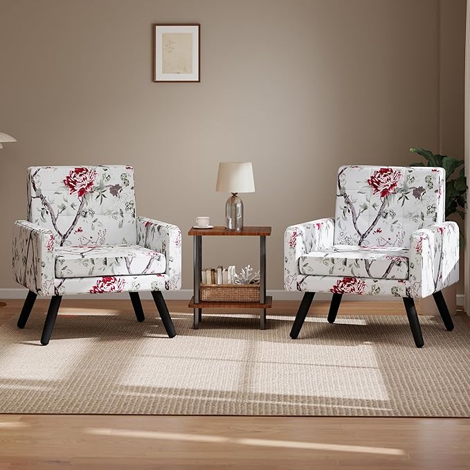 Kromax Mid-Century Modern Accent Chair Set of 2 for Living Room, 496 Lb. Weight Capacity, Dual Armrests, Comfy Extra Large Seat, Timeless Style Perfect for Reading & Relaxing, Red Floral