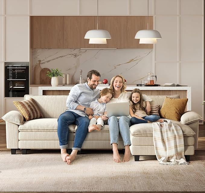 LINSY HOME Modular Sectional Sofa - 157'' Comfy Corduroy Cloud Sofa Oversized U Shaped Couch with Movable Ottoman, Soft Modern Sofa for Living Room Apartment, Beige