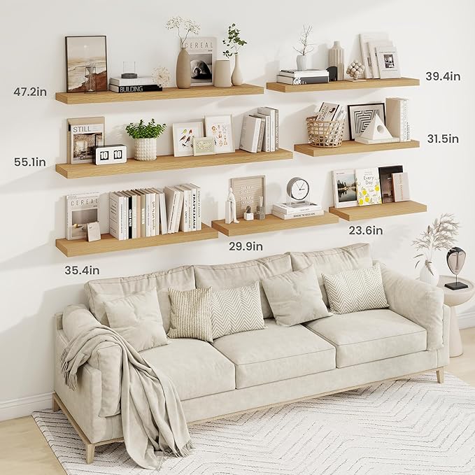 Fun Memories Floating Shelves for Wall, 32 Inch Rustic Wood Wall Mounted Shelves for Bathroom, Bedroom, Kitchen, Living Room, Deep Floating Shelves for Storage & Home Decor (Oak, Set of 2)