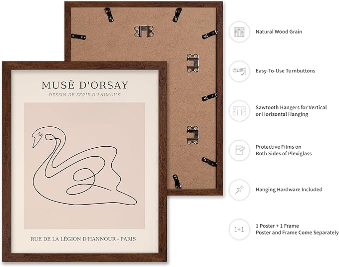 Poster Master Vintage Poster - Retro One Line Swan Drawing Print - Swan Art - Bird Art - Minimal Gift for Her, Animal Lover - Abstract Decor for Home, Office, Bedroom, 8x10 Brown Framed