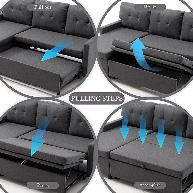 Pull Out Couch, Oversized Sleeper Sofa Couch, Sectional Sleeper Sofa Bed for Living Room Bedroom Lounge (Grey, 73 Inch)