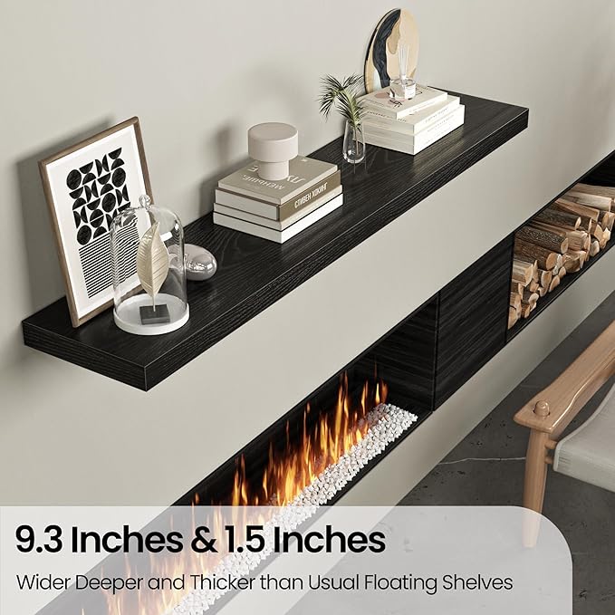 Floating Shelves for Wall, 48" W x 9.3" D x 1.5" H, Wooden Wall Mounted Display Shelves with Invisible Brackets for Living Room, Bedroom, Bathroom, Kitchen Decor and Storage, Set of 1, Black