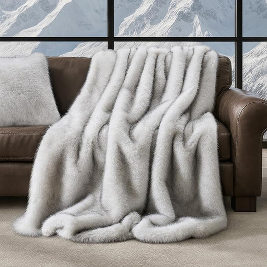Luxury Faux Fur Throw Blanket, Soft Fluffy Faux Mink Blankets for Bed, Couch, Sofa, Thick Cozy Plush Warm Fur Throws with Reversible Velvet, Frosted White Wolf, 50"x60"