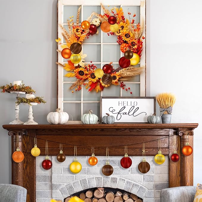 64 Pcs Fall Thanksgiving Ball Ornaments for Christmas Tree Glitter Gold Orange Brown Ornament Hanging Autumn Decoration Assorted Size Harvest Ornament for Home Indoor Decor, 1.6/1.97/2.4 Inch