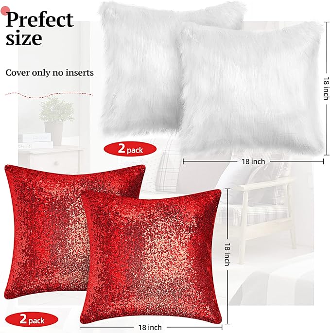 Irenare 4 Pcs Sequin and Fluffy Pillow Covers Winter Throw Pillow Cases Soft Cushion Cover for Couch Bed Sofa Xmas Day(18 x 18 Inch,Red, White)