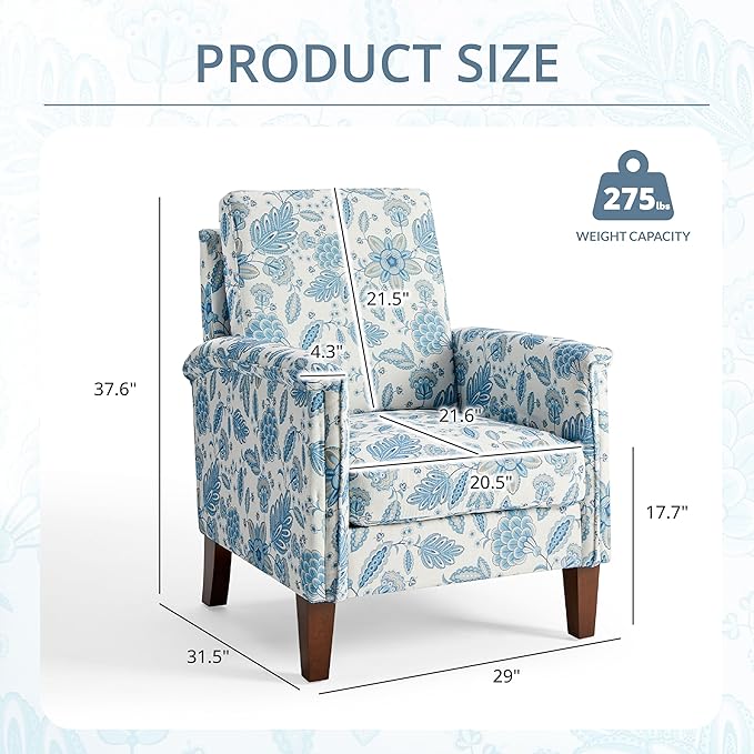 Floral Accent Chair Set of 2, High Back Upholstered Armchair with Solid Wooden Legs, Padded Armrest and Removable Comfortable Cushioned Seat Single Sofa for Living Room, Bedroom, Blue