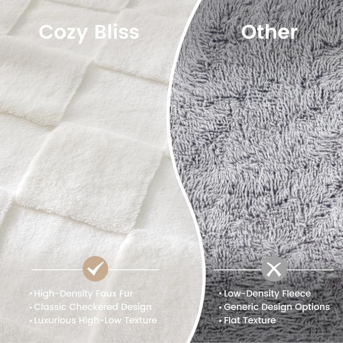 Cozy Bliss Checkered White Large Faux Rabbit Fur California King Size Bed Blanket, Soft Fuzzy Fluffy Minky Cream Furry Blankets for Couch, Bed (90 * 108 Inches Ivory)
