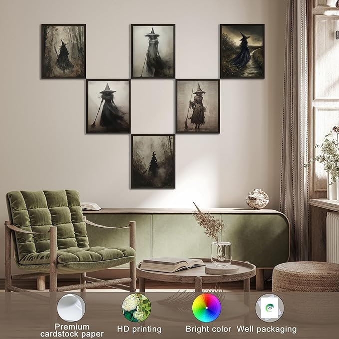 LANCHI95 6 Pcs 8x10in Vintage Rustic Witch Posters Halloween Wall Art Witch in The Forest Painting Prints Goth Dark Moody Wall Decor for Living Room Bedroom 8x10 in (UNFRAMED)