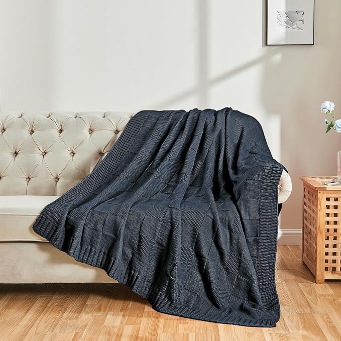 CozeCube Check Knit Throw Blanket, Midnight Navy Checkered Throw for Couch, Decorative Christmas Soft Cozy Warm Knitted Blanket for Bed Sofa Living Room, 60"X80"