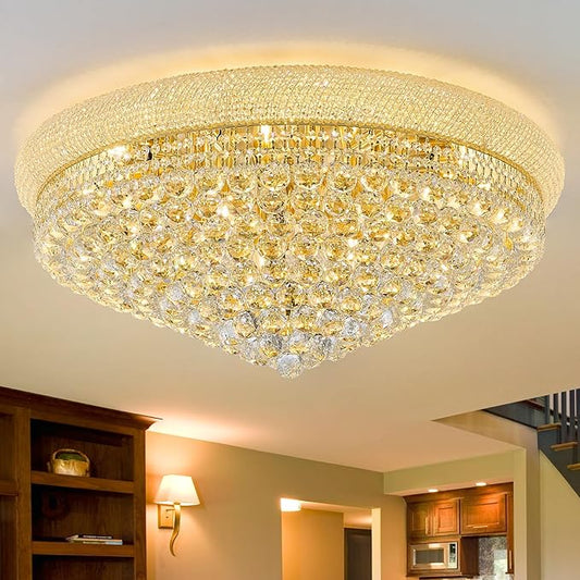 18-Light 32 inch Large Crystal Chandelier Flush Mount Ceiling Light Fixture for Living Room Dining Room Bedroom Foyer Entryway Gold Finish