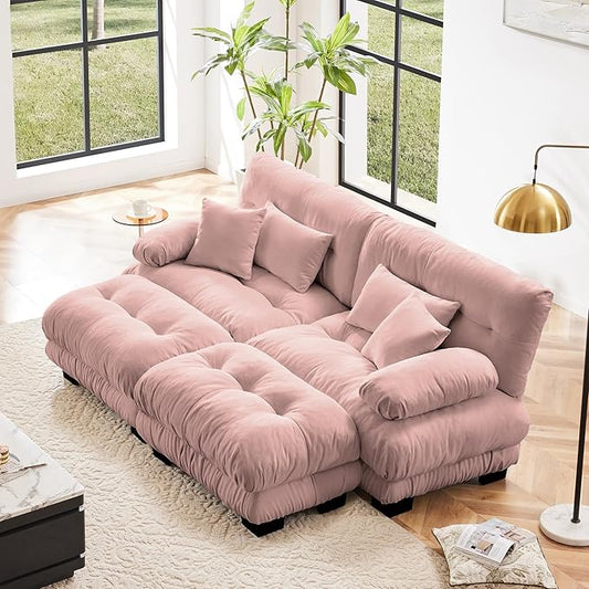Loveseat Modular Sectional Sofa, U Shaped Couch with Ottoman, Cloud Couch Sectional Couch Home Sofa Living Room Oversized Couch Deep Seat Couch with Round Bolster Armrests 4 Pillows(Pink)