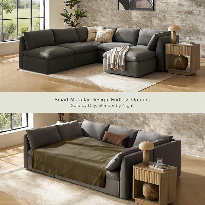 mopio Oversized Modular Sectional Sofa with Fully Removable Covers and Storage, Convertible U, L-Shaped and Sleeper Sectional, Modern Couches with Ottoman Chaise (Stone Gray Fabric, 6 Seats, Sleeper)