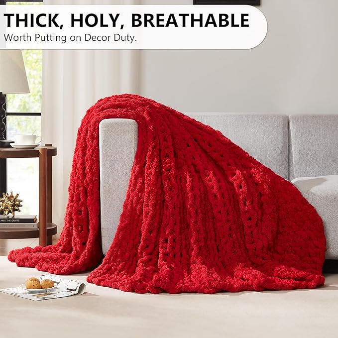 L'AGRATY Chunky Knit Blanket Throw - Soft Chunky Throw Blanket 50x60: 100% Hand Kintted Chenile Crochet Blanket Large Cable Knit Chunky Blanket - Rope Knot Throw Blanket for Couch Home Decor(Red)