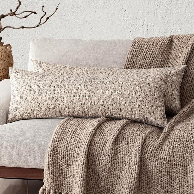 Foindtower Set of 2 Decorative Long Body Lumbar Throw Pillow Covers Vintage Accent Farmhouse Cushion Covers Neutral Home Decor for Sofa Couch Chair Bedroom Living Room,14×36 Inch,Ivory Beige
