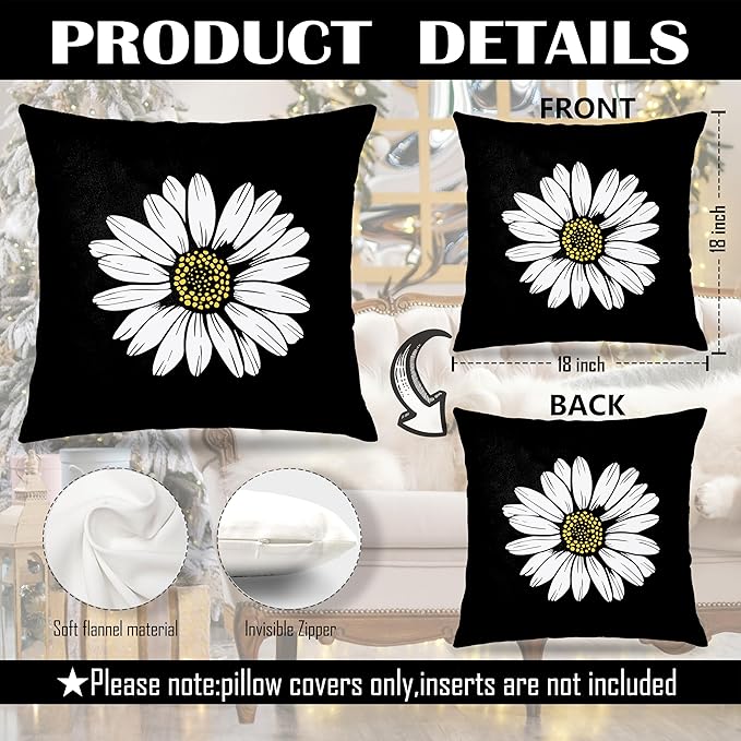 Daisy Floral Pillow Covers 18x18 Double-Sided, Daisy Flowers Wildflower Pillow Covers for Couch Bed Living Room Bedroom, Daisy Decor, Spring Summer Floral Room Decor