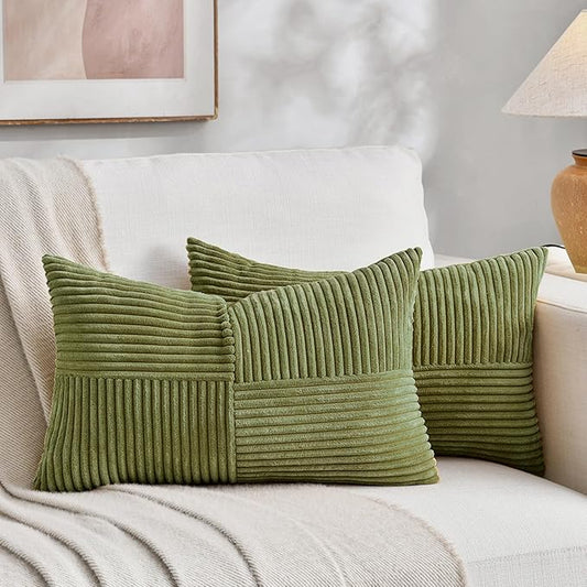 Fancy Homi 2 Packs Moss Green Long Lumbar Decorative Throw Pillow Covers 12x24 Inch for Couch Bed Sofa, Rustic Farmhouse Boho Home Decor, Soft Striped Corduroy Rectangle Accent Cushion Case 30x60 cm