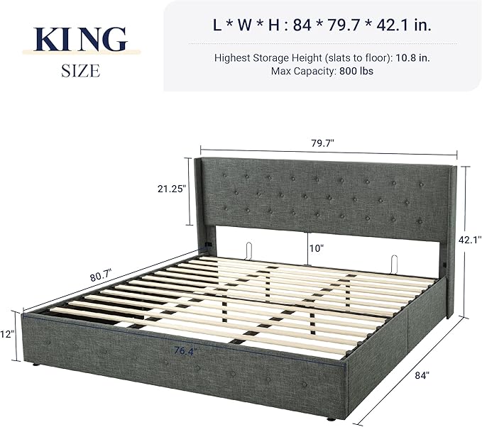 Allewie King Size Lift Up Storage Bed, Button Tufted Headboard with Wingback, Hydraulic Support, No Box Spring Needed, Dark Grey