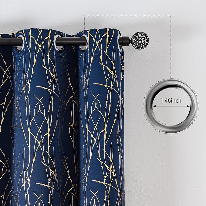 Grommets Blackout Long Window Curtains Navy Blue Gold-52W*108L 2PCS Drapes for Bedroom