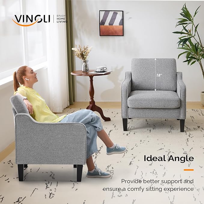 VINGLI Accent Chairs Set of 2 Gray Living Room Chairs Reading Chair for Bedroom Scooped Arm Chair Mid Century Modern Accent Chair Upholstered Comfy Chair for Apartment, Waiting Room