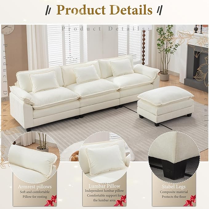 URRED Modular Sectional Sofa Comfy Cloud Couch, Modern Chenille Sofa Sleeper Deep Seat Couches with Ottoman/Pillows for Living Room (White, 117''- L Shape)