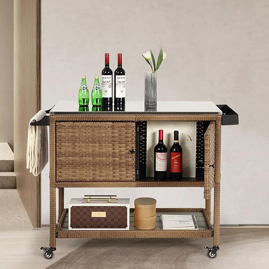 Wicker Outdoor Bar Cart with 4 Lockable Casters, Patio Prep Stainless Table with 2 Ratten Doors Storage Cabinet,Island Cart with WPC Shelf for Grill, Kitchen and Garden, Brown