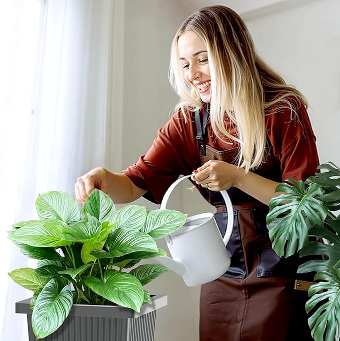 FENCY Set of 2 Tall Planters for Outdoor Plants, 24 Inch Large Tapered Pots with Drainage Trays, Weather-Resistant Plastic Plant Containers for Patio, Porch, Garden, Front Door Decor,Gray,Striped