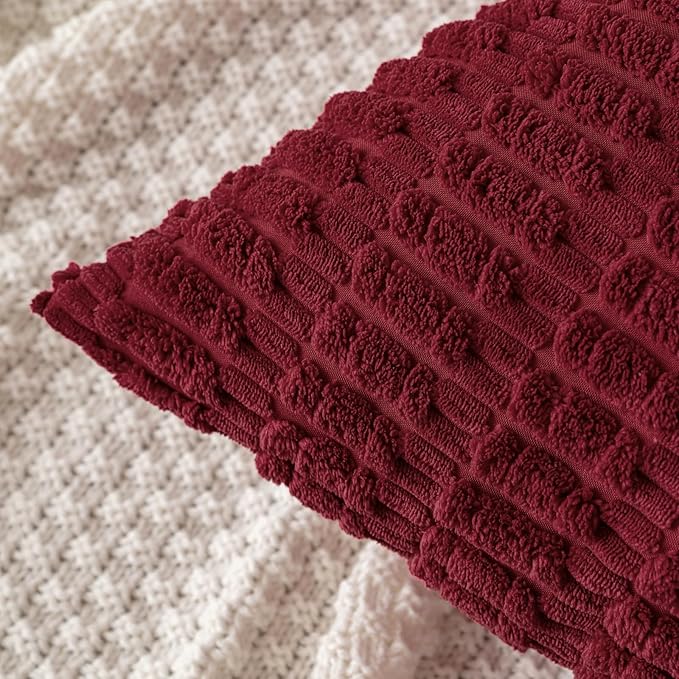 MIULEE Pack of 2 Christmas Burgundy Corduroy Decorative Euro Sham Pillow Covers 22x22 Inch Soft Boho Striped Throw Pillow Covers Modern Farmhouse Home Decor for Sofa Living Room Couch Bed